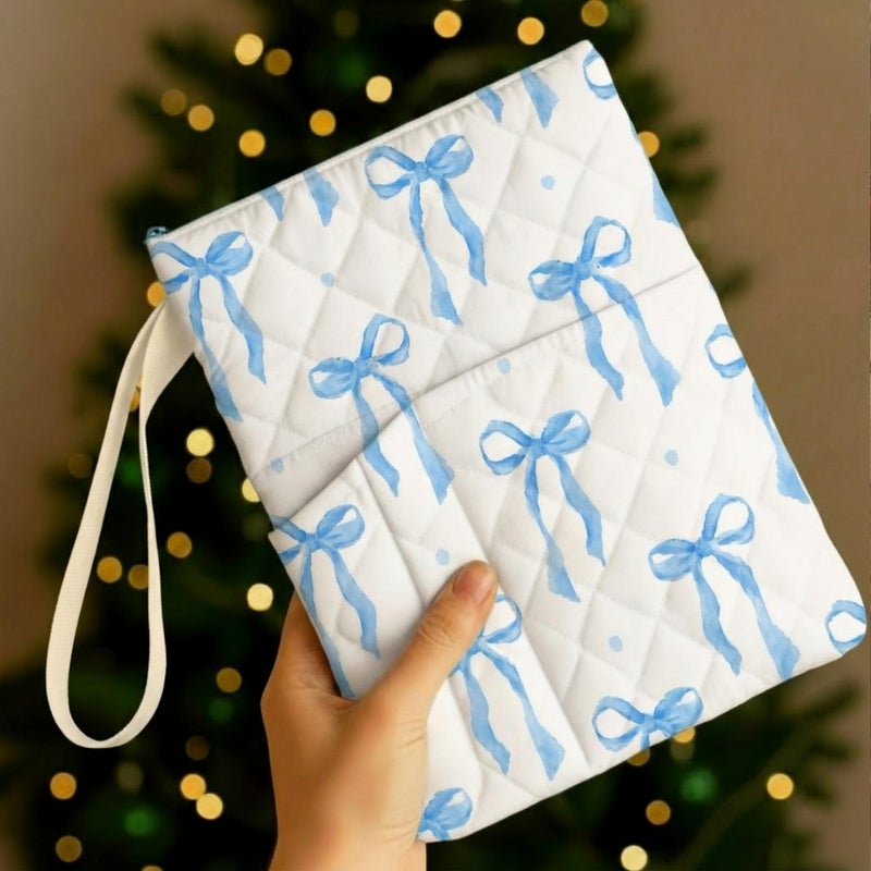 Gilprop Blue Bow Bible Book Sleeve with Zipper 11" x 9" Padded Protector Washable Quilted Book Covers Printed Bible Pouch with Handle Pockets Protector for Books Lover Christian Gifts - Image 1