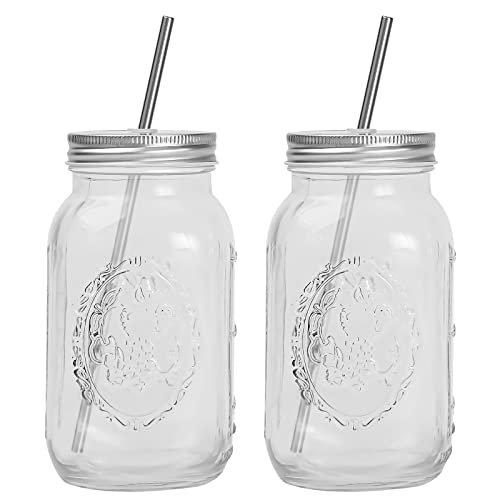 YSJILIDE Smoothie Cups Glass Mason Drinking Jar 24oz Smoothie Cups with Lid and Stainless Steel Straw Drinking Mugs Tea Cup Travel Mug Ideal for Juice Milk Pack Of 2 Clear - Image 1