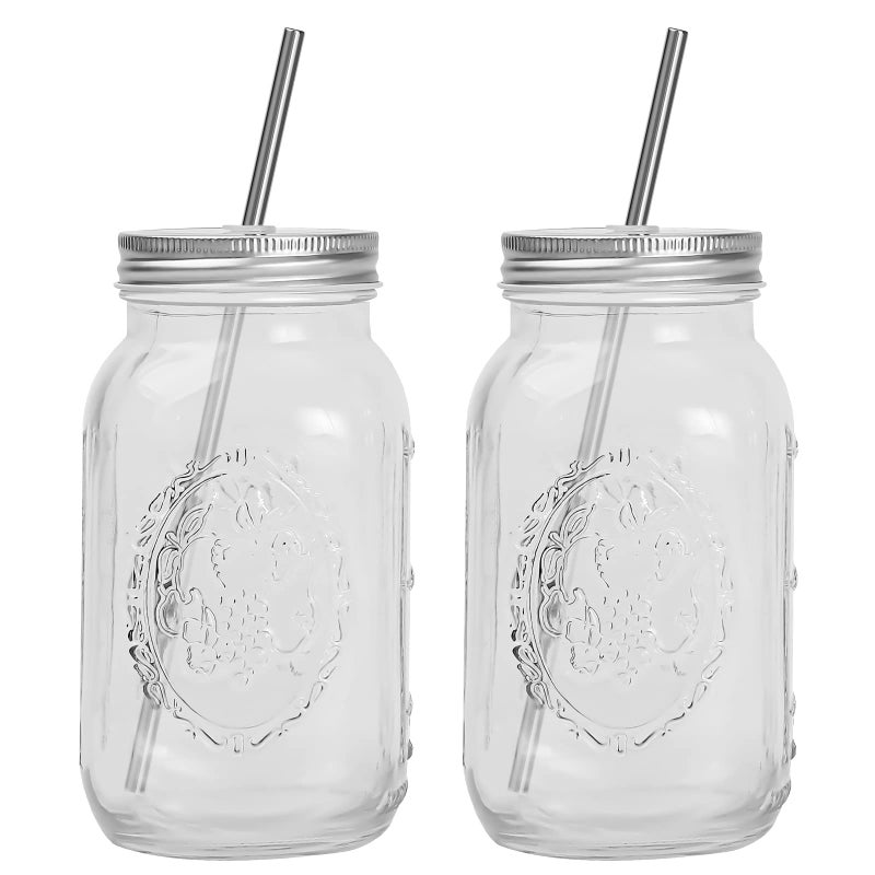 YSJILIDE Smoothie Cups Glass Mason Drinking Jar 24oz Smoothie Cups with Lid and Stainless Steel Straw Drinking Mugs Tea Cup Travel Mug Ideal for Juice Milk Pack Of 2 Clear - Image 3