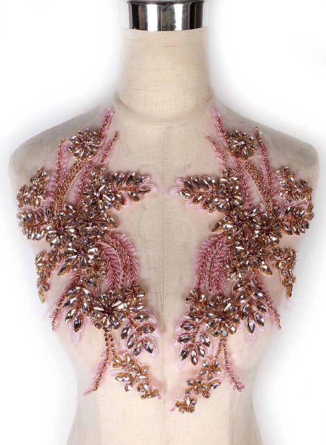 Labellezalady Hand-made beaded rhinestons DIY clothing appliques patch,beaded applique for wedding dress Decoration,rose gold/pink/Silver/Red/Black Flower applique by pair (Pink-B) - Image 1