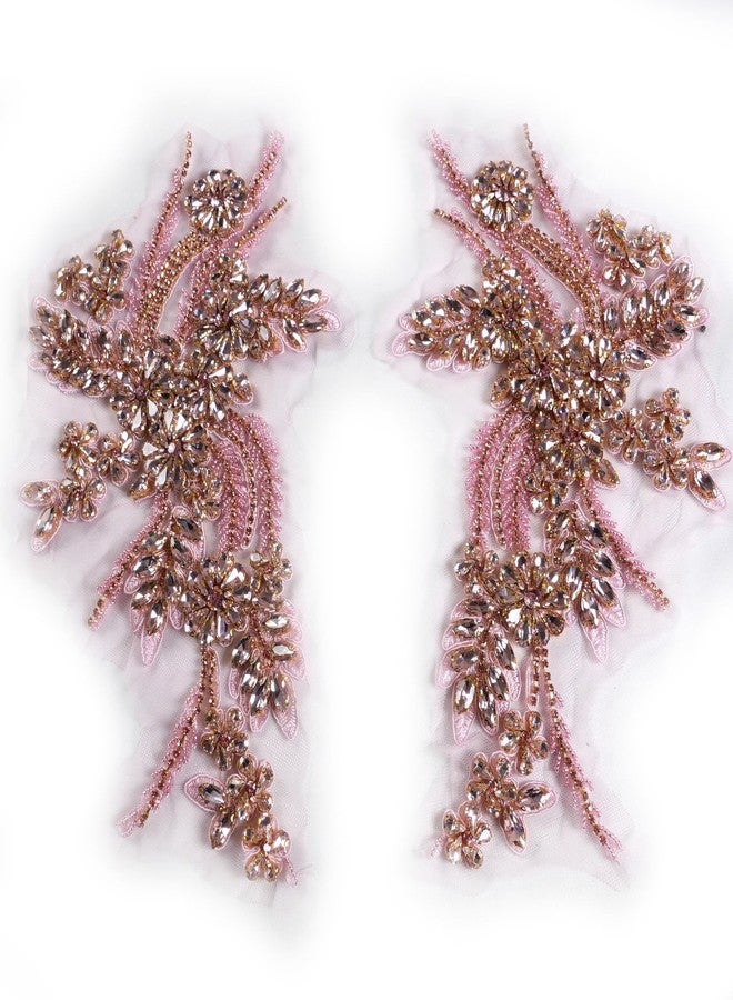 Labellezalady Hand-made beaded rhinestons DIY clothing appliques patch,beaded applique for wedding dress Decoration,rose gold/pink/Silver/Red/Black Flower applique by pair (Pink-B) - Image 3