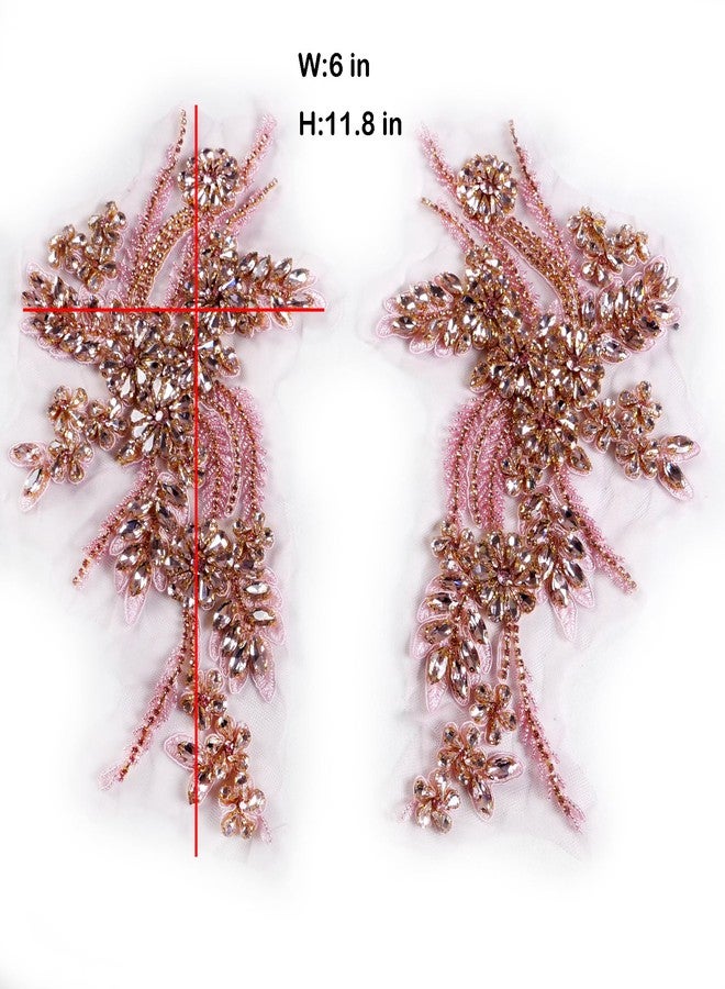 Labellezalady Hand-made beaded rhinestons DIY clothing appliques patch,beaded applique for wedding dress Decoration,rose gold/pink/Silver/Red/Black Flower applique by pair (Pink-B) - Image 2
