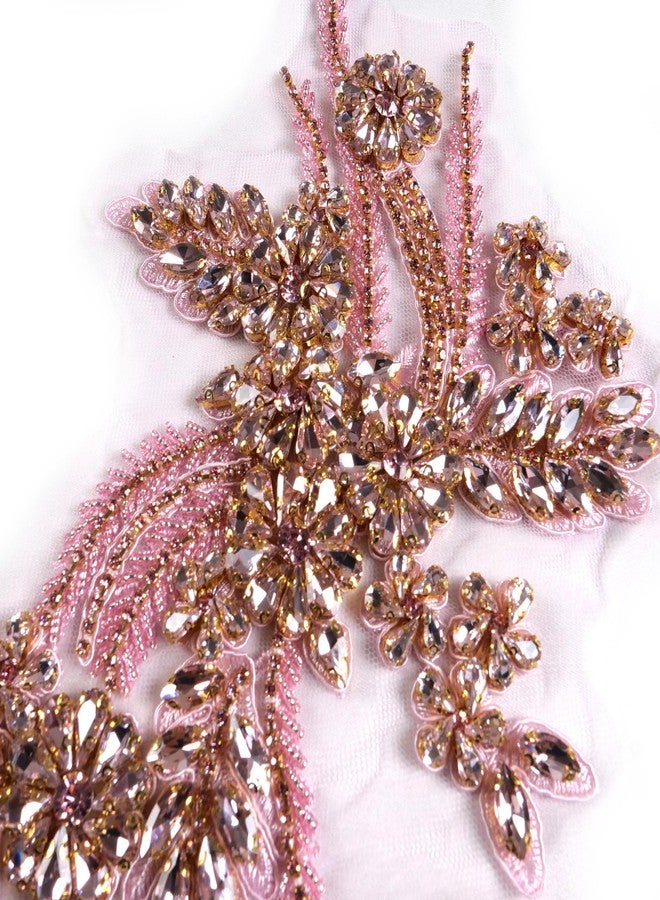 Labellezalady Hand-made beaded rhinestons DIY clothing appliques patch,beaded applique for wedding dress Decoration,rose gold/pink/Silver/Red/Black Flower applique by pair (Pink-B) - Image 5