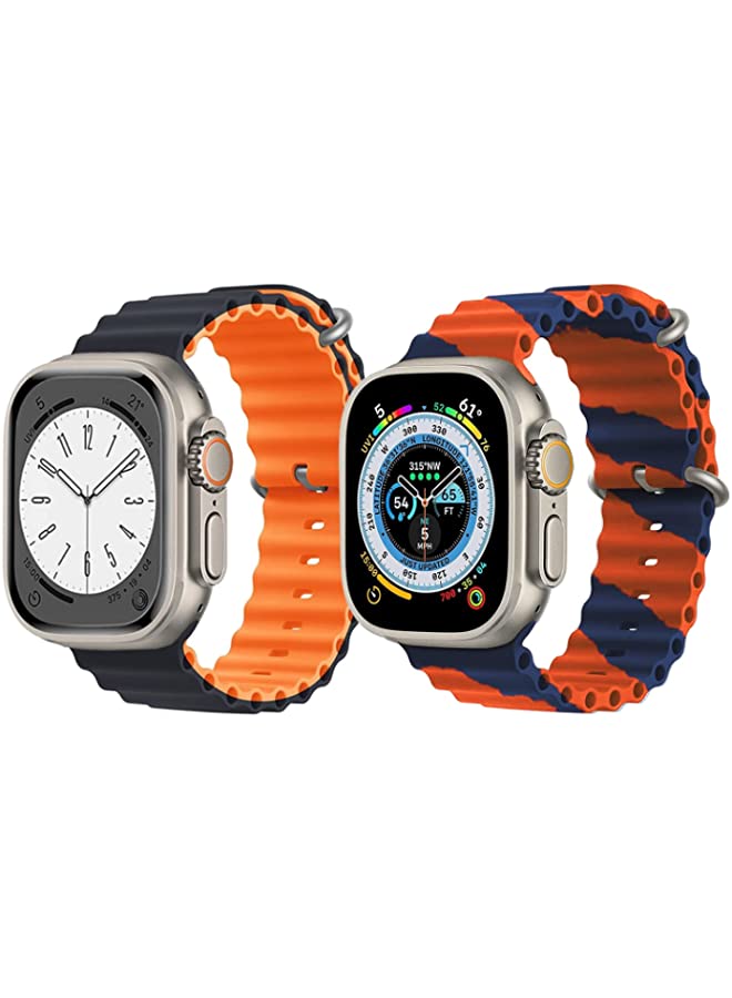 IAF Silicone Ocean Band Strap for Apple Watch Ultra 8 49mm Black/Orange2 Double Side Strap with Orange/Blue Double Line Strap Set of 2