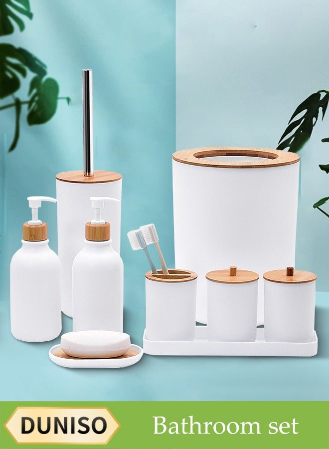 DUNISO 9 Pieces of Bathroom Accessories Set, Household Toiletries Set, Bathroom Storage Set,Sturdy and Durable， with Hand Sanitizer Bottle, Toothbrush Cup, Mouthwash Cup, Soap Box, Toilet Brush, Trash Can,Tray，Cotton Swab Box,Suitable for Family and Travel Use  - Image 1
