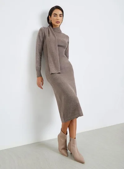 Styli Brown Knit Midi Sweater Dress