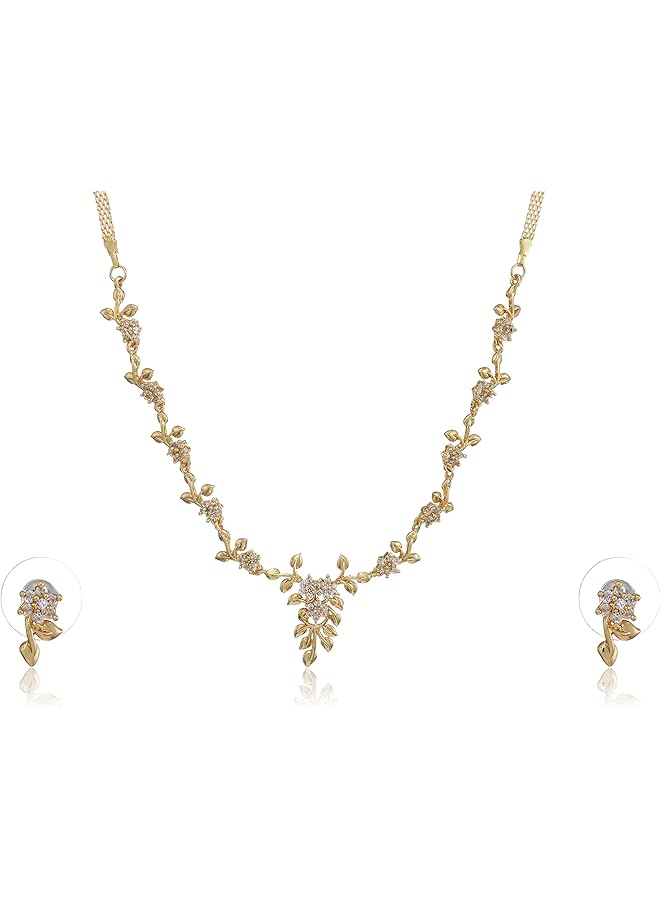 Estele 24 Kt Gold Plated Leaf American Diamond Necklace Set for Women - Image 1