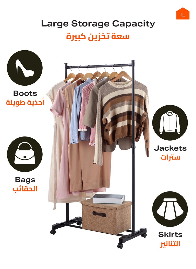 LAWAZIM - Clothes Hanger -Single Rail-Black- Steel Clothing Storage Organizer Rack on Swivel Wheels with Bottom Shelf, Height Adjustable Garment Stand, Anti-Skid Ends, Reinforced Frame - Image 1