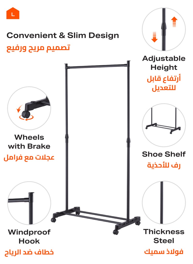 LAWAZIM - Clothes Hanger -Single Rail-Black- Steel Clothing Storage Organizer Rack on Swivel Wheels with Bottom Shelf, Height Adjustable Garment Stand, Anti-Skid Ends, Reinforced Frame - Image 1