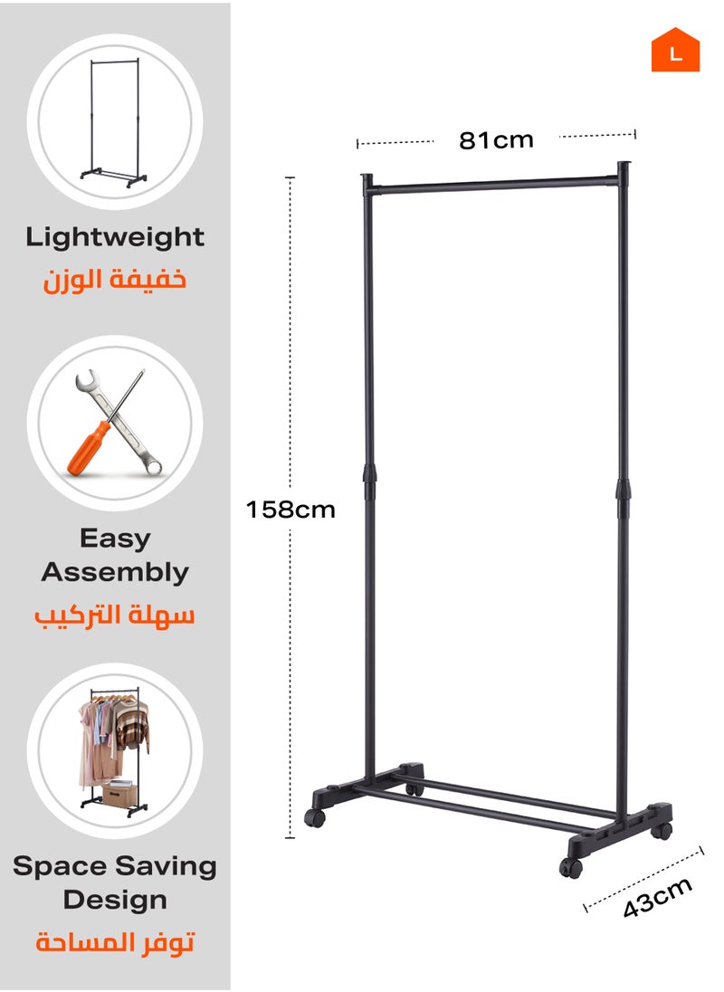 LAWAZIM - Clothes Hanger -Single Rail-Black- Steel Clothing Storage Organizer Rack on Swivel Wheels with Bottom Shelf, Height Adjustable Garment Stand, Anti-Skid Ends, Reinforced Frame - Image 1