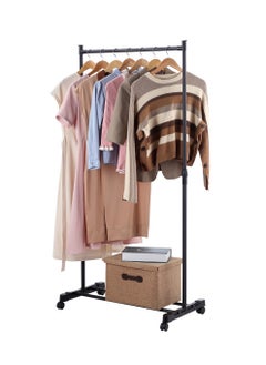 Clothes Hanger -Single Rail-Black- Steel Clothing Storage Organizer Rack on Swivel Wheels with Bottom Shelf, Height Adjustable Garment Stand, Anti-Skid Ends, Reinforced Frame