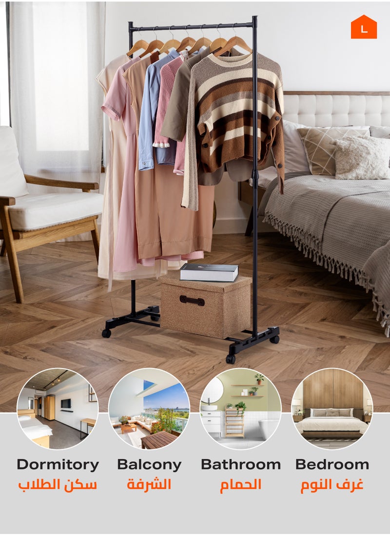 LAWAZIM - Clothes Hanger -Single Rail-Black- Steel Clothing Storage Organizer Rack on Swivel Wheels with Bottom Shelf, Height Adjustable Garment Stand, Anti-Skid Ends, Reinforced Frame - Image 1