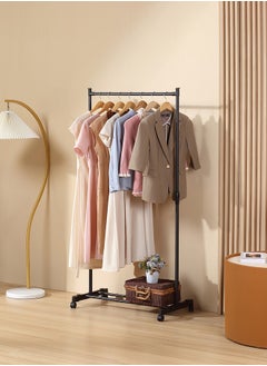 LAWAZIM Clothes Hanger -Single Rail-Black- Steel Clothing Storage Organizer Rack on Swivel Wheels with Bottom Shelf, Height Adjustable Garment Stand, Anti-Skid Ends, Reinforced Frame  - Image 1