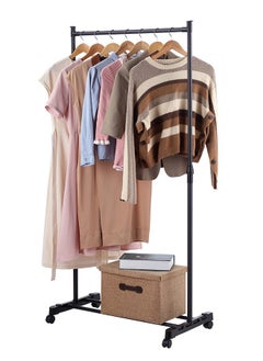 LAWAZIM Clothes Hanger -Single Rail-Black- Steel Clothing Storage Organizer Rack on Swivel Wheels with Bottom Shelf, Height Adjustable Garment Stand, Anti-Skid Ends, Reinforced Frame  - Image 2