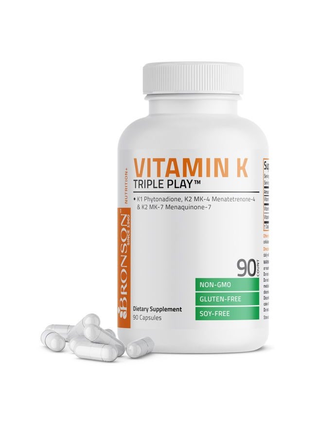 Bronson Vitamin K Triple Play (Vitamin K2 MK7 / Vitamin K2 MK4 / Vitamin K1) Full Spectrum Complex Vitamin K Supplement, 90 Capsules - Image 1