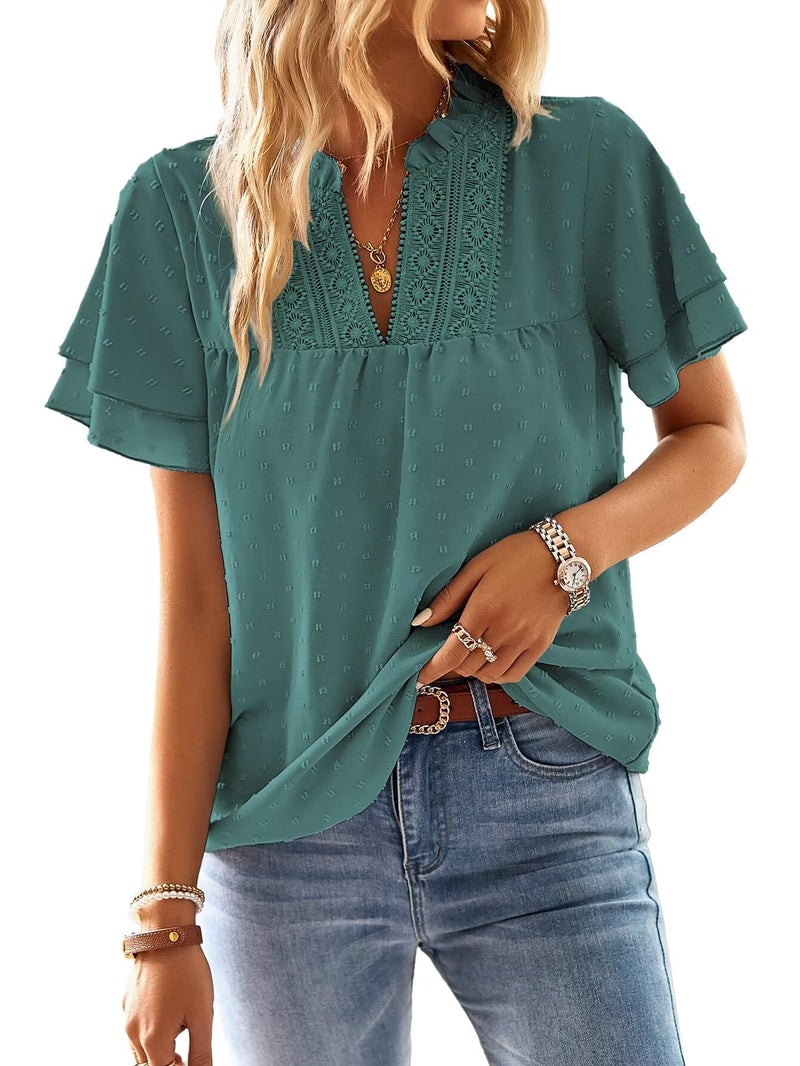 Falechay Womens Tops Summer Blouses for Women Dressy Casual 2026 Sexy Going Out Top Swiss Dot Short Sleeves Boho Blouse Smocked Lace Edges Shirt Office Work Ruffle Butterfly Sleeve Shirts Cyan XL - Image 1