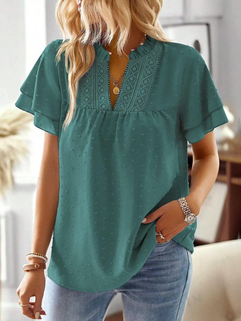 Falechay Womens Tops Summer Blouses for Women Dressy Casual 2026 Sexy Going Out Top Swiss Dot Short Sleeves Boho Blouse Smocked Lace Edges Shirt Office Work Ruffle Butterfly Sleeve Shirts Cyan XL - Image 2