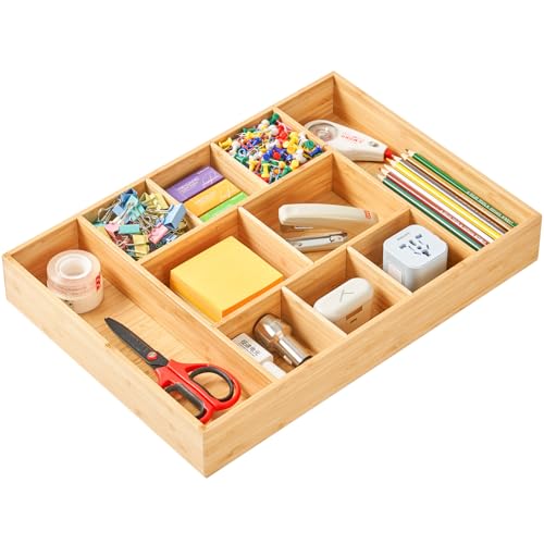 Umilife Extra Large Bamboo Desk Drawer Organizer Wood Junk Organizer Tray with Adjustable Dividers AntiSkip Storage Organization in Office Bathroom Drawer for Vanity Makeup 17 x 12 - Image 1