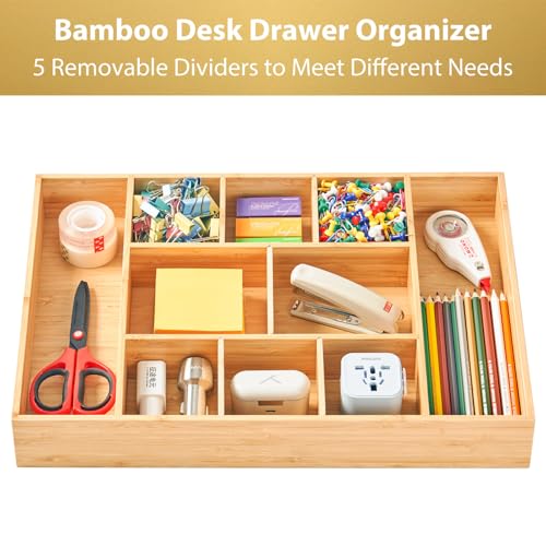 Umilife Extra Large Bamboo Desk Drawer Organizer Wood Junk Organizer Tray with Adjustable Dividers AntiSkip Storage Organization in Office Bathroom Drawer for Vanity Makeup 17 x 12 - Image 3