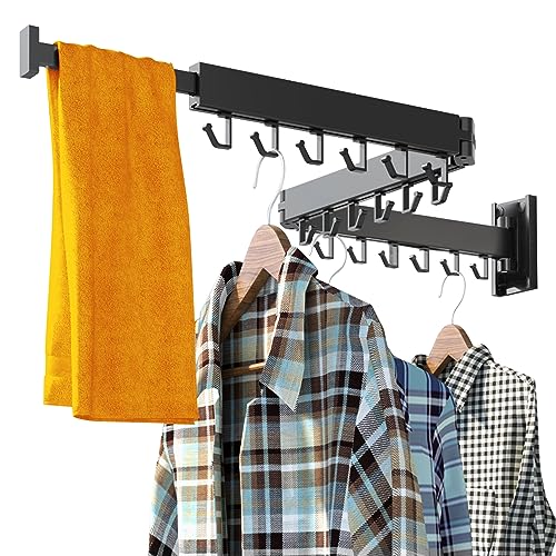 HEILAIYI Clothes Drying Rack for Laundry,Wall Mounted Clothes Hanger Rack,Folding,Retractable,Collapsible(J Shape Hooks) - Image 1