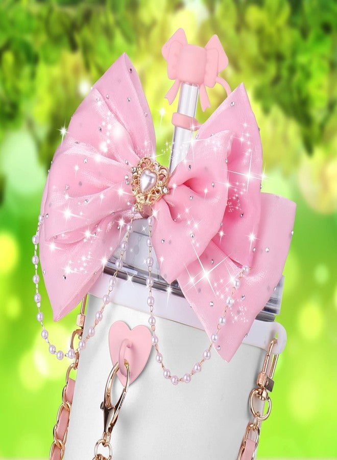 ميتي رين إكسسوارات أكواب Mity Rain Bling لكأس Stanley سعة 30 أونصة و40 أونصة و20 أونصة بمقبض، بما في ذلك غطاء علوي من القش على شكل فيونكة، وزينة من القش على شكل فيونكة، وحزام مقبض من الجلد لزجاجة المياه، وحذاء (وردي) - Image 2