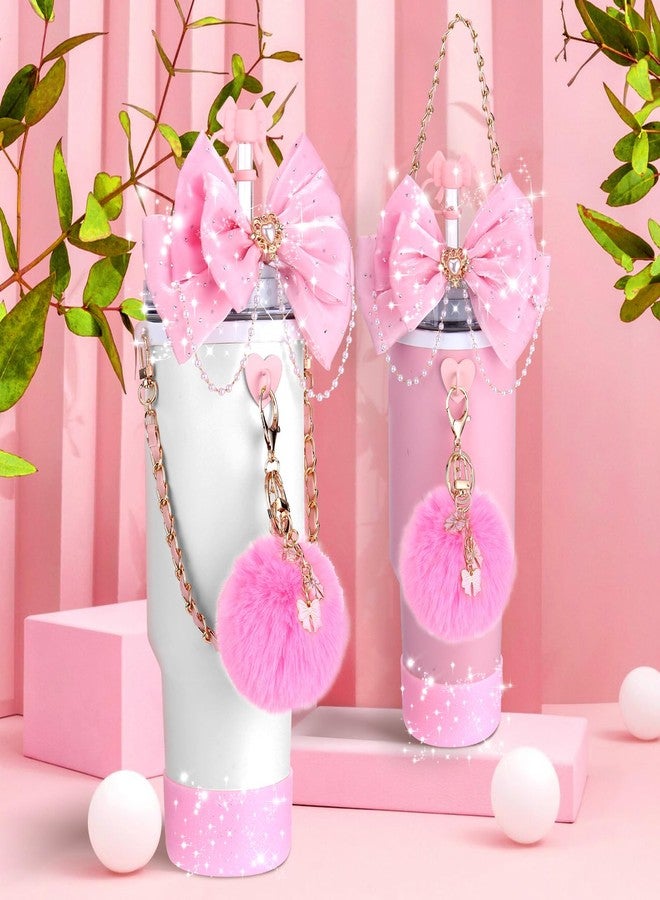 ميتي رين إكسسوارات أكواب Mity Rain Bling لكأس Stanley سعة 30 أونصة و40 أونصة و20 أونصة بمقبض، بما في ذلك غطاء علوي من القش على شكل فيونكة، وزينة من القش على شكل فيونكة، وحزام مقبض من الجلد لزجاجة المياه، وحذاء (وردي) - Image 3