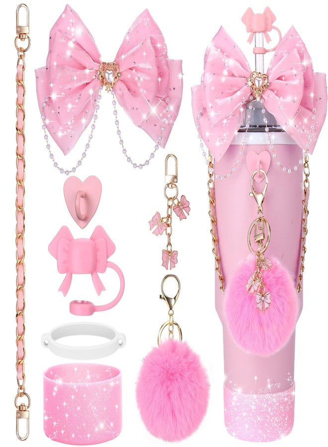 ميتي رين إكسسوارات أكواب Mity Rain Bling لكأس Stanley سعة 30 أونصة و40 أونصة و20 أونصة بمقبض، بما في ذلك غطاء علوي من القش على شكل فيونكة، وزينة من القش على شكل فيونكة، وحزام مقبض من الجلد لزجاجة المياه، وحذاء (وردي) - Image 1
