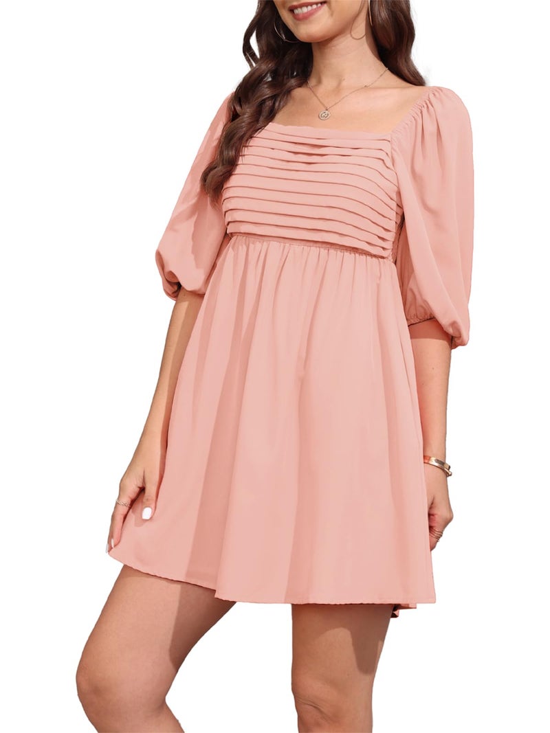 Ebifin Womens Square Neck Dresses Half Puff Sleeve High Waist A-Line Casual Backless Smocked Short Babydoll Mini Dress - Image 5