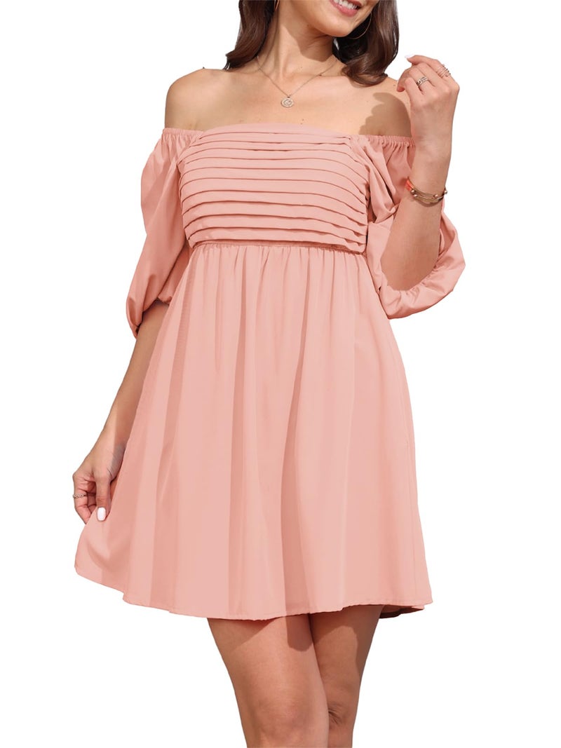 Ebifin Womens Square Neck Dresses Half Puff Sleeve High Waist A-Line Casual Backless Smocked Short Babydoll Mini Dress - Image 3