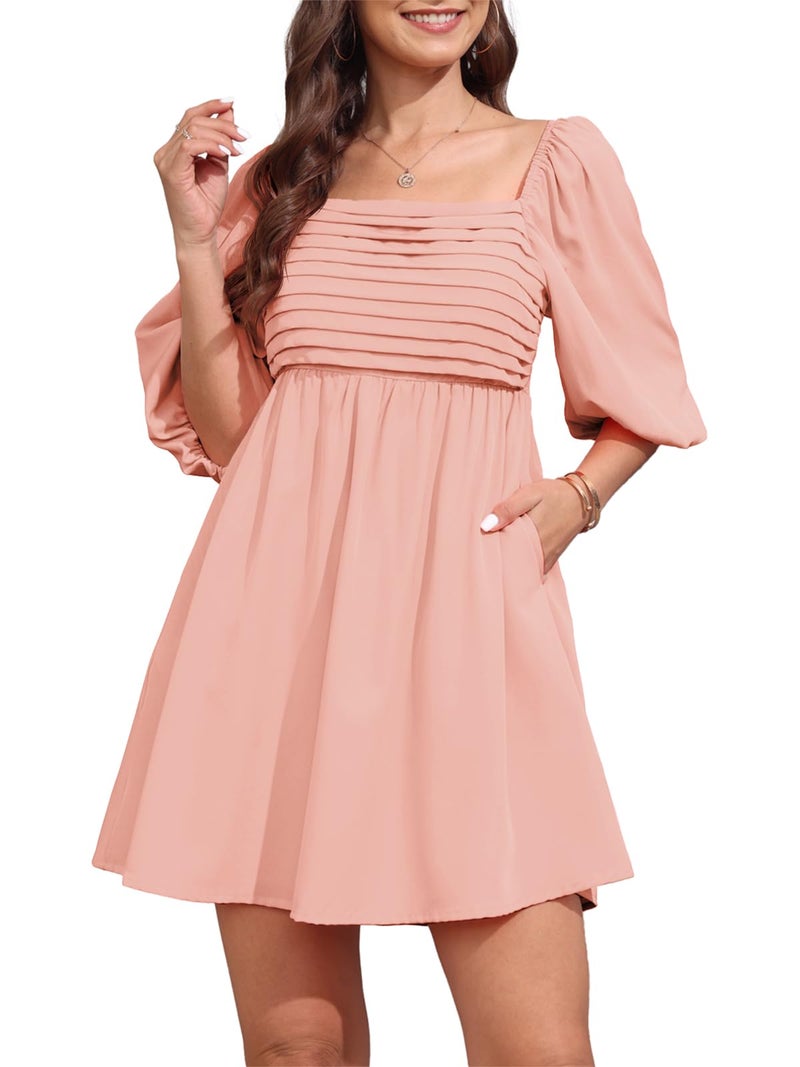 Ebifin Womens Square Neck Dresses Half Puff Sleeve High Waist A-Line Casual Backless Smocked Short Babydoll Mini Dress - Image 4