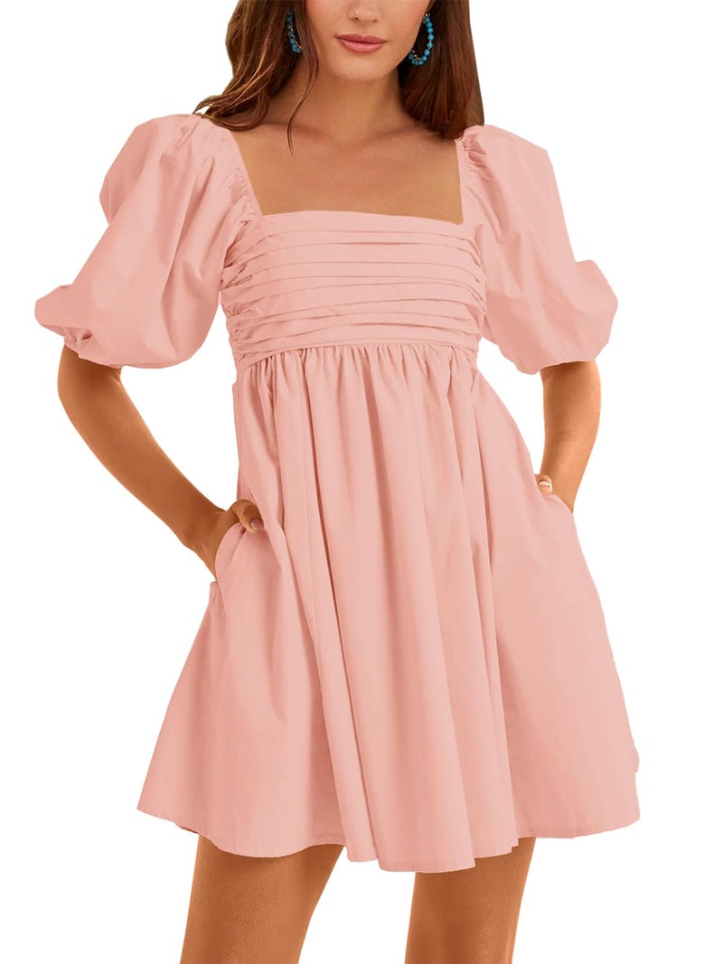 Ebifin Womens Square Neck Dresses Half Puff Sleeve High Waist A-Line Casual Backless Smocked Short Babydoll Mini Dress - Image 1