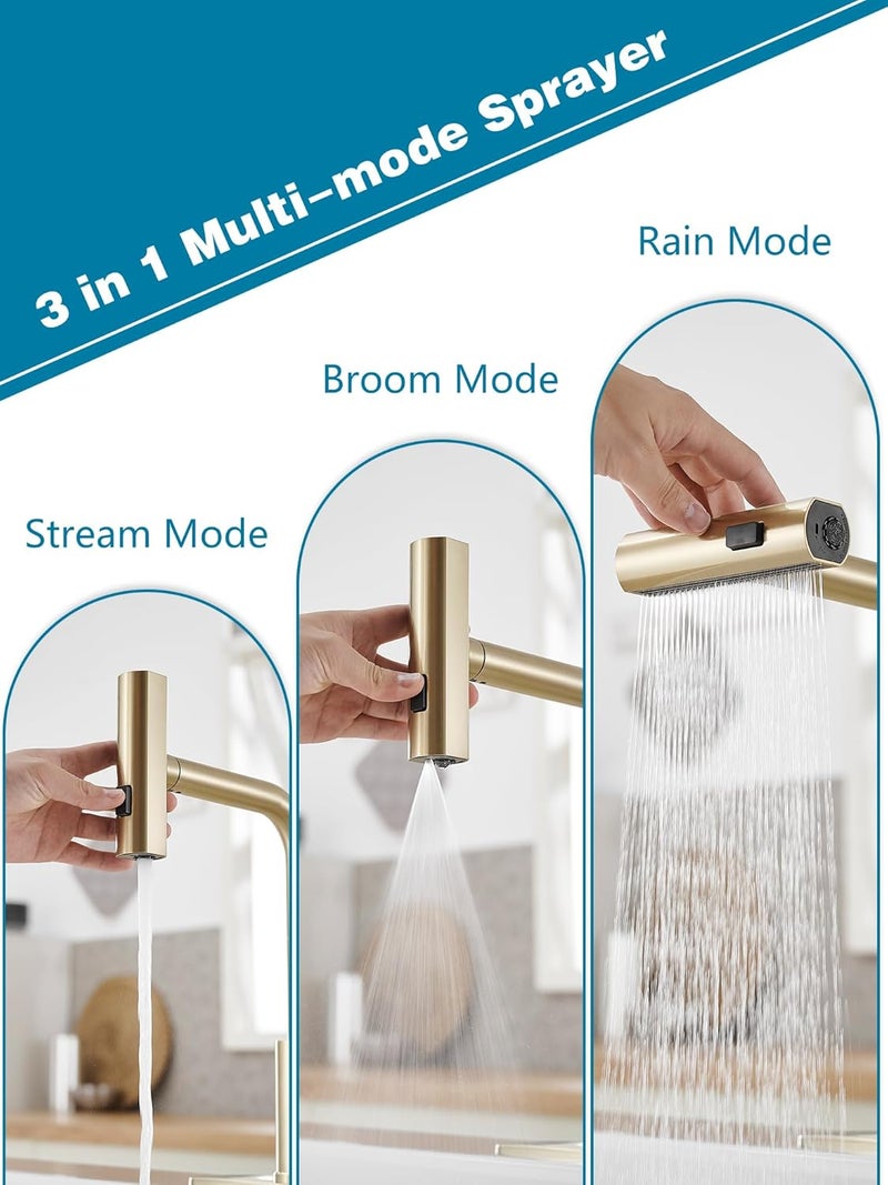 JOOM Gold Kitchen Faucets with Pull Down Sprayer,Waterfall Kitchen Sink Faucet,Commercial Utility Stainless Steel Kitchen Faucets,Single Handle Kitchen Sink Faucet with Pull Down Sprayer for 3 Function - Image 2