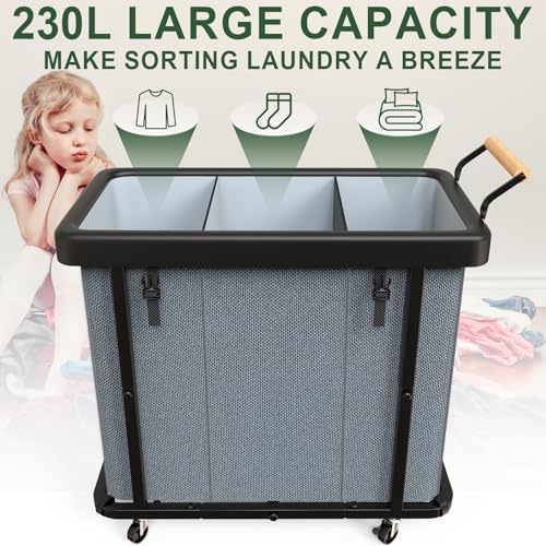 kunlabori 230L (60 Gal) Extra Large Fashion Laundry Sorter 3 Section with Lid, Rolling Laundry Basket Hamper with Handle, Laundry Organizer Storage Cart with Sturdy Metal Frame for Laundry Room, Hotel, Grey - Image 2
