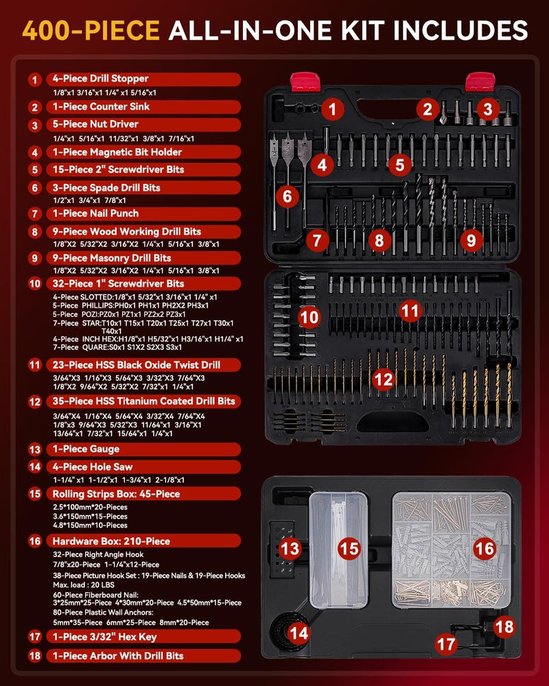 KingTool 400 Pcs Drill Bit Set - Drill Bits Screwdriver Bit Set Case with Drawer, Bit Set Designed for Various Drilling & Screw Driving Tasks for Metal, Wood, Masonry, Perfect for DIY Projects - Image 2