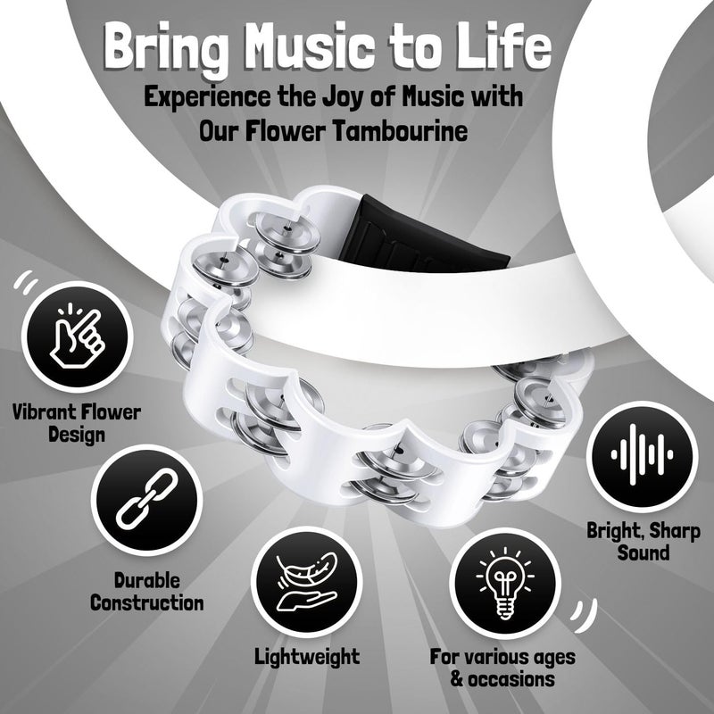 Flexzion Flower Tambourine - 8 Inch Handheld Percussion Instrument w/Metal Jingles & Ergonomic Grip - Small Tambourines for Adults, Kids, Church, Parties, & Musical Events (White) - Image 5
