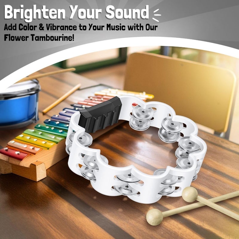 Flexzion Flower Tambourine - 8 Inch Handheld Percussion Instrument w/Metal Jingles & Ergonomic Grip - Small Tambourines for Adults, Kids, Church, Parties, & Musical Events (White) - Image 2