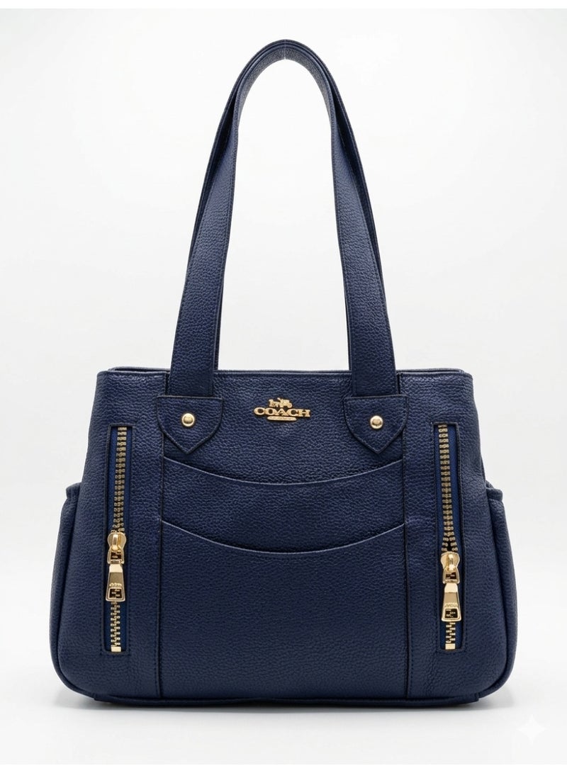 Women's Leather Multi Pocket Handbag with Gold Zippers Elegant Design (Navy)