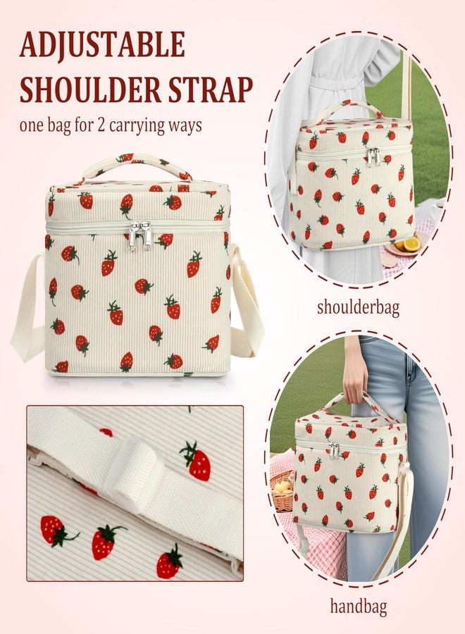 TESAFNG Insulated Lunch Bag for Women, Cute Corduroy Reusable Lunch Box for Adult, Leakproof Cooler Bag for Work Office Travel Picnic, Lunch Tote Bag with Adjustable Shoulder Strap (Strawberry) - Image 5