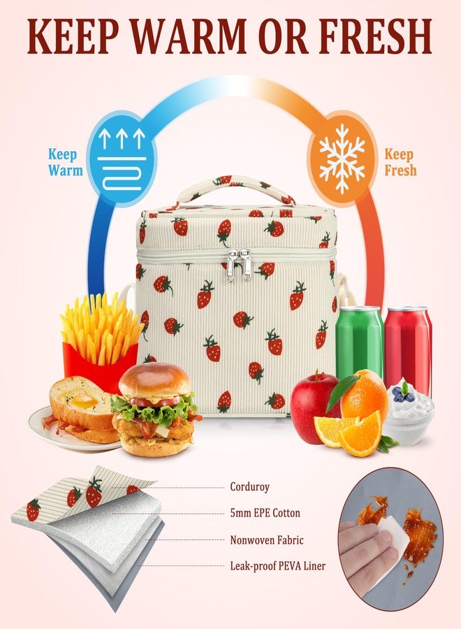 TESAFNG Insulated Lunch Bag for Women, Cute Corduroy Reusable Lunch Box for Adult, Leakproof Cooler Bag for Work Office Travel Picnic, Lunch Tote Bag with Adjustable Shoulder Strap (Strawberry) - Image 3