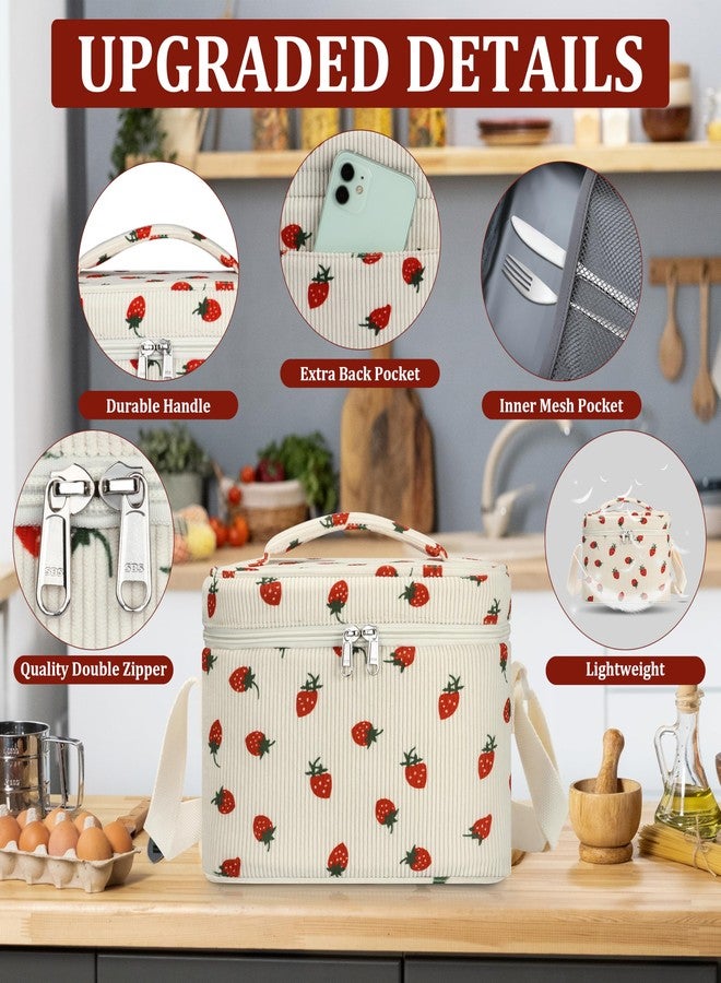 TESAFNG Insulated Lunch Bag for Women, Cute Corduroy Reusable Lunch Box for Adult, Leakproof Cooler Bag for Work Office Travel Picnic, Lunch Tote Bag with Adjustable Shoulder Strap (Strawberry) - Image 4