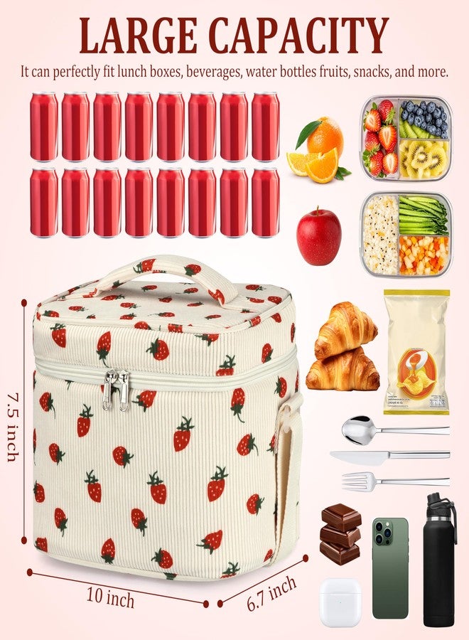 TESAFNG Insulated Lunch Bag for Women, Cute Corduroy Reusable Lunch Box for Adult, Leakproof Cooler Bag for Work Office Travel Picnic, Lunch Tote Bag with Adjustable Shoulder Strap (Strawberry) - Image 2