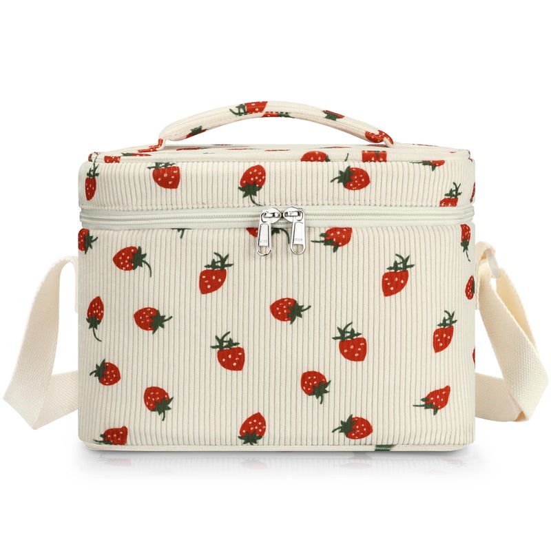 TESAFNG Insulated Lunch Bag for Women, Cute Corduroy Reusable Lunch Box for Adult, Leakproof Cooler Bag for Work Office Travel Picnic, Lunch Tote Bag with Adjustable Shoulder Strap (Strawberry) - Image 1