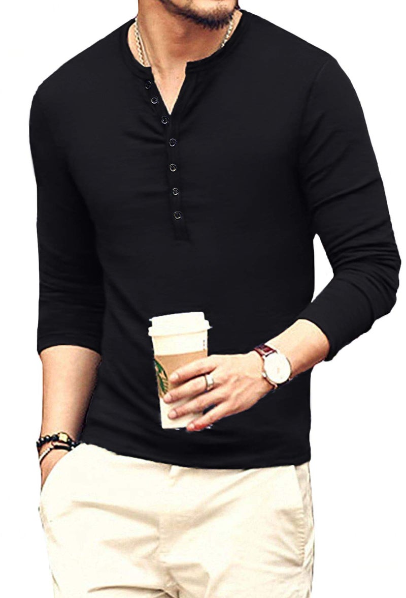 YTD Mens Casual Slim Fit Basic Henley Long Sleeve Fashion T-Shirt L Black - Image 2