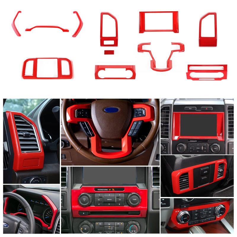 JeCar 11PCS Interior Decoration Trim Kit for Ford F150 2015-2020 Steering Wheel & Center Console Trim Dashboard & Rear Air Conditioner Vent Cover (Red) - Image 1
