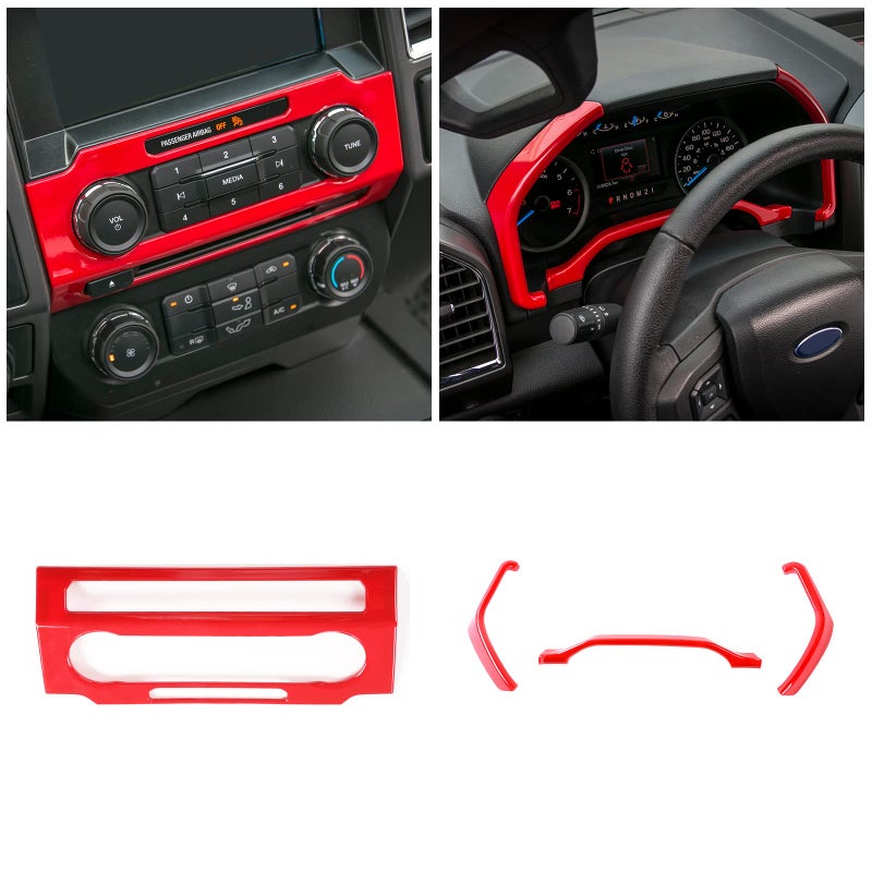 JeCar 11PCS Interior Decoration Trim Kit for Ford F150 2015-2020 Steering Wheel & Center Console Trim Dashboard & Rear Air Conditioner Vent Cover (Red) - Image 4