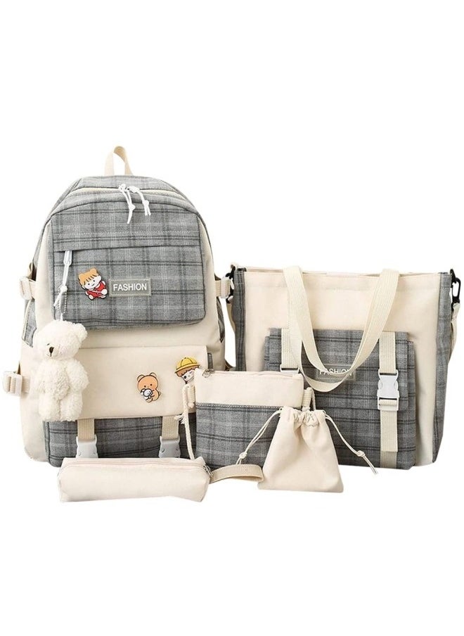 GGEROU 5Pcs Set Kawaii Aesthetic Backpack for Girls, Cute Sage Green Plaid Backpack Light Academia School Bookbag Lattice Laptop Bag Back to School Backpack  - Image 1
