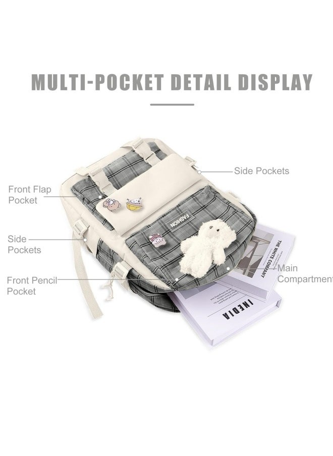 GGEROU 5Pcs Set Kawaii Aesthetic Backpack for Girls, Cute Sage Green Plaid Backpack Light Academia School Bookbag Lattice Laptop Bag Back to School Backpack  - Image 3
