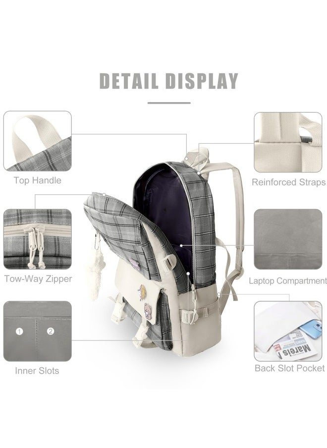 GGEROU 5Pcs Set Kawaii Aesthetic Backpack for Girls, Cute Sage Green Plaid Backpack Light Academia School Bookbag Lattice Laptop Bag Back to School Backpack  - Image 4