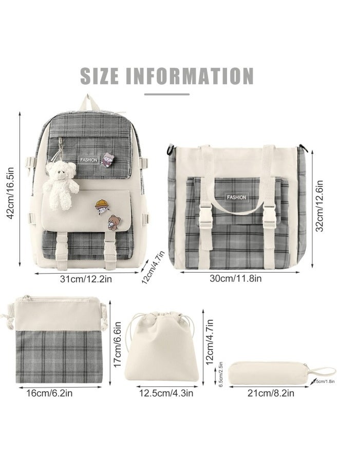 GGEROU 5Pcs Set Kawaii Aesthetic Backpack for Girls, Cute Sage Green Plaid Backpack Light Academia School Bookbag Lattice Laptop Bag Back to School Backpack  - Image 5