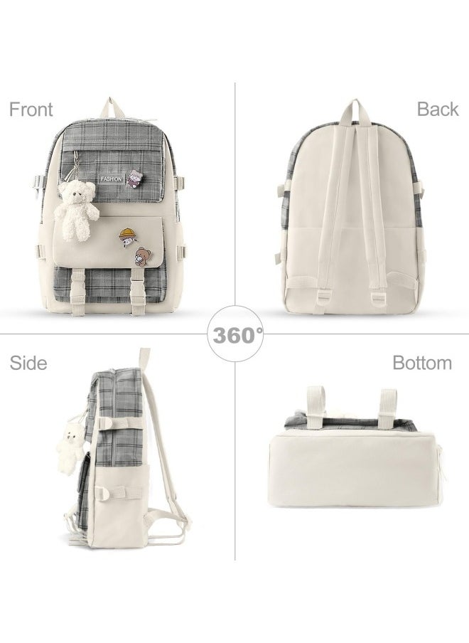GGEROU 5Pcs Set Kawaii Aesthetic Backpack for Girls, Cute Sage Green Plaid Backpack Light Academia School Bookbag Lattice Laptop Bag Back to School Backpack  - Image 2